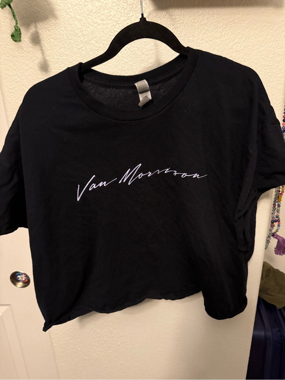 Gildan Black Crop Tee with White Van Morrison Script